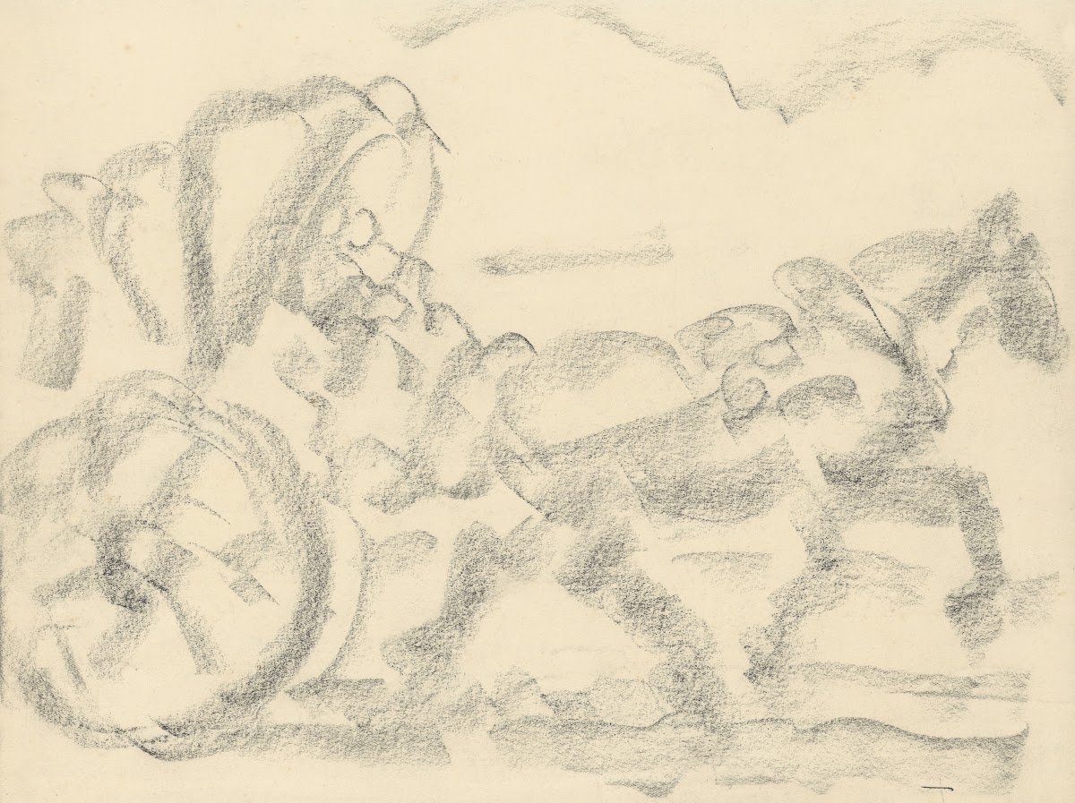 Paard met huifkar  voorbereidende tekening 1944