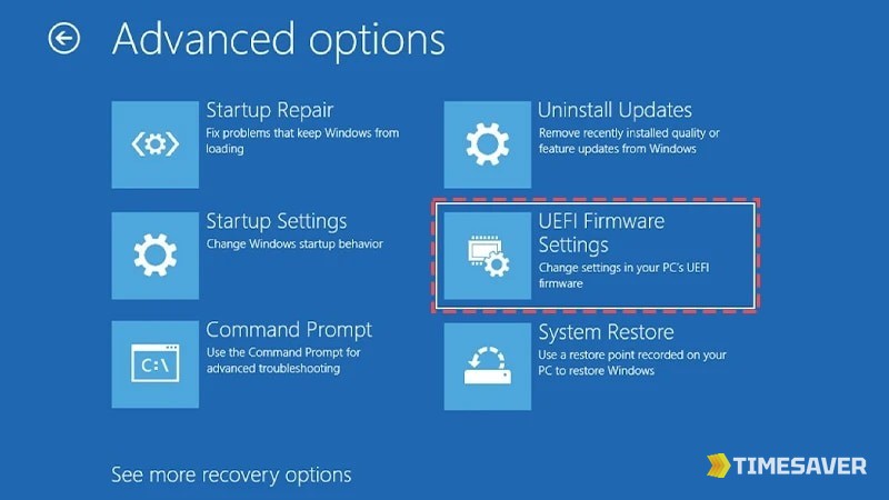 Windows Advanced options recovery screen highlighting the UEFI Firmware Settings tile used to reach the BIOS