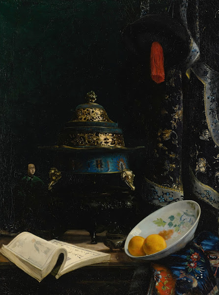 Still Life Featuring An18th Century Chinese Censer Porcelain Enameled Dish And Q