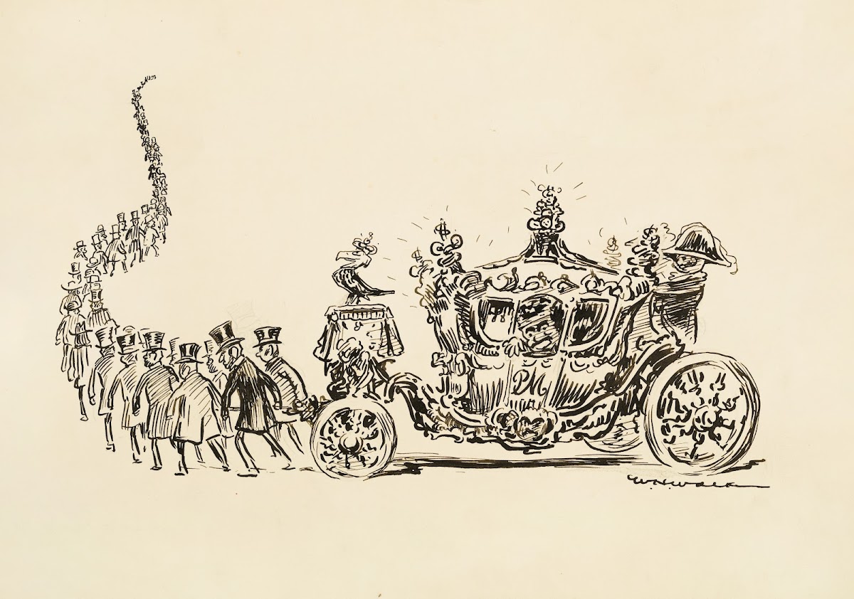 A long line of men in suits and top hats pull an ornate carriage in the place of