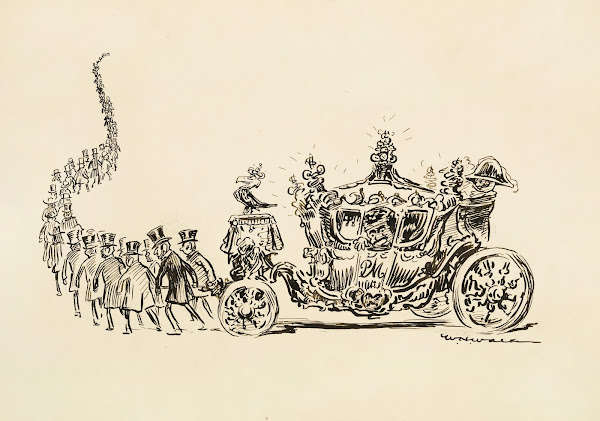 A long line of men in suits and top hats pull an ornate carriage in the place of