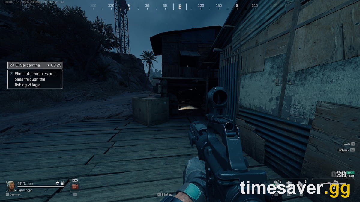 Delta Force first-person looting a crate during a Serpentine raid at night — the extracted loot you list on the Auction House