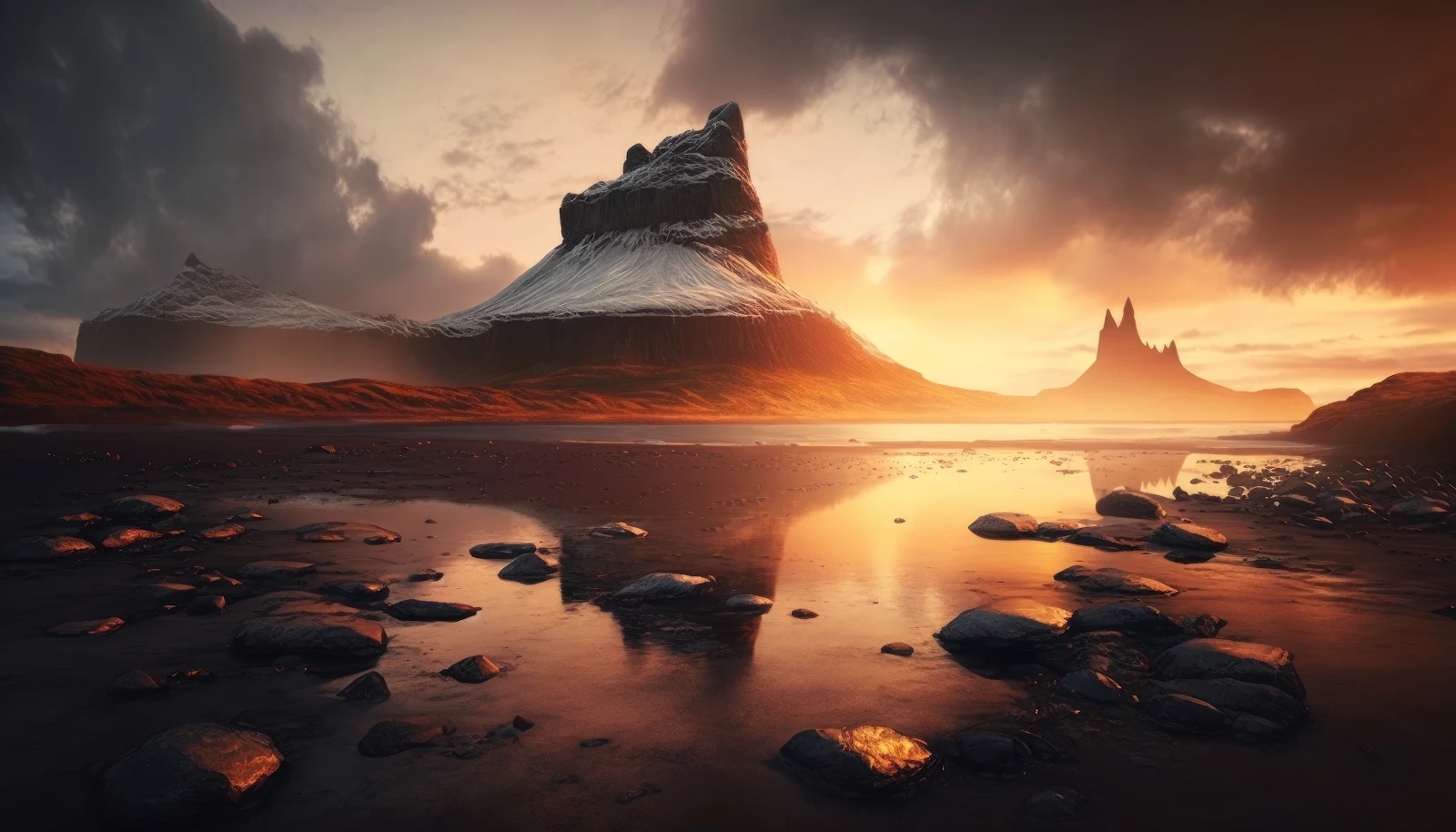 A Stunning Ai Art, Mountains, Landscape, Lake, Sunset 4K Desktop and Mobile Wallpaper Background (4579x2616)