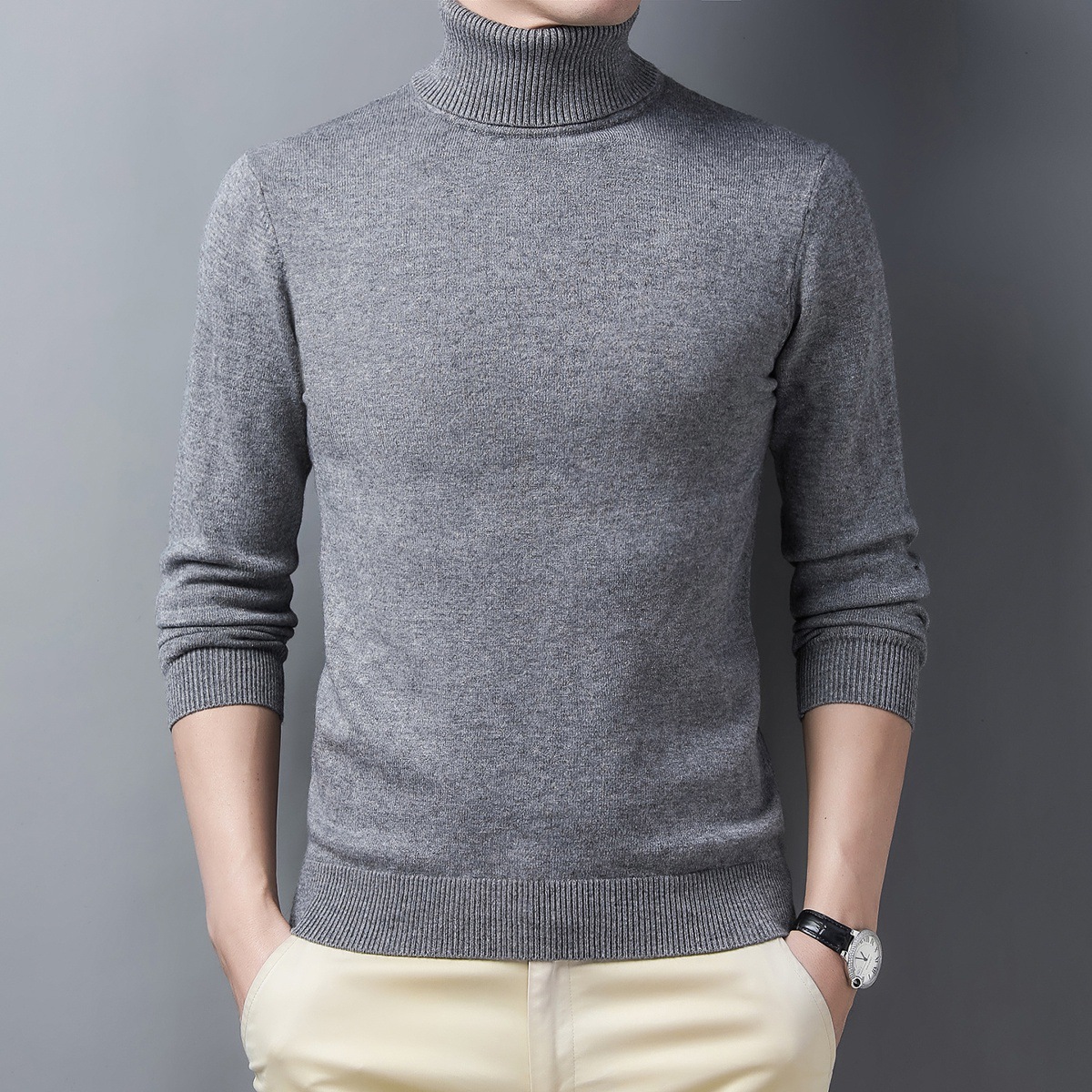 Men's cashmere sweater, half-high collar, warm