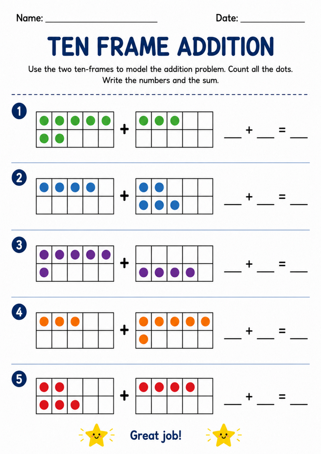 Ten Frame Addition Worksheet