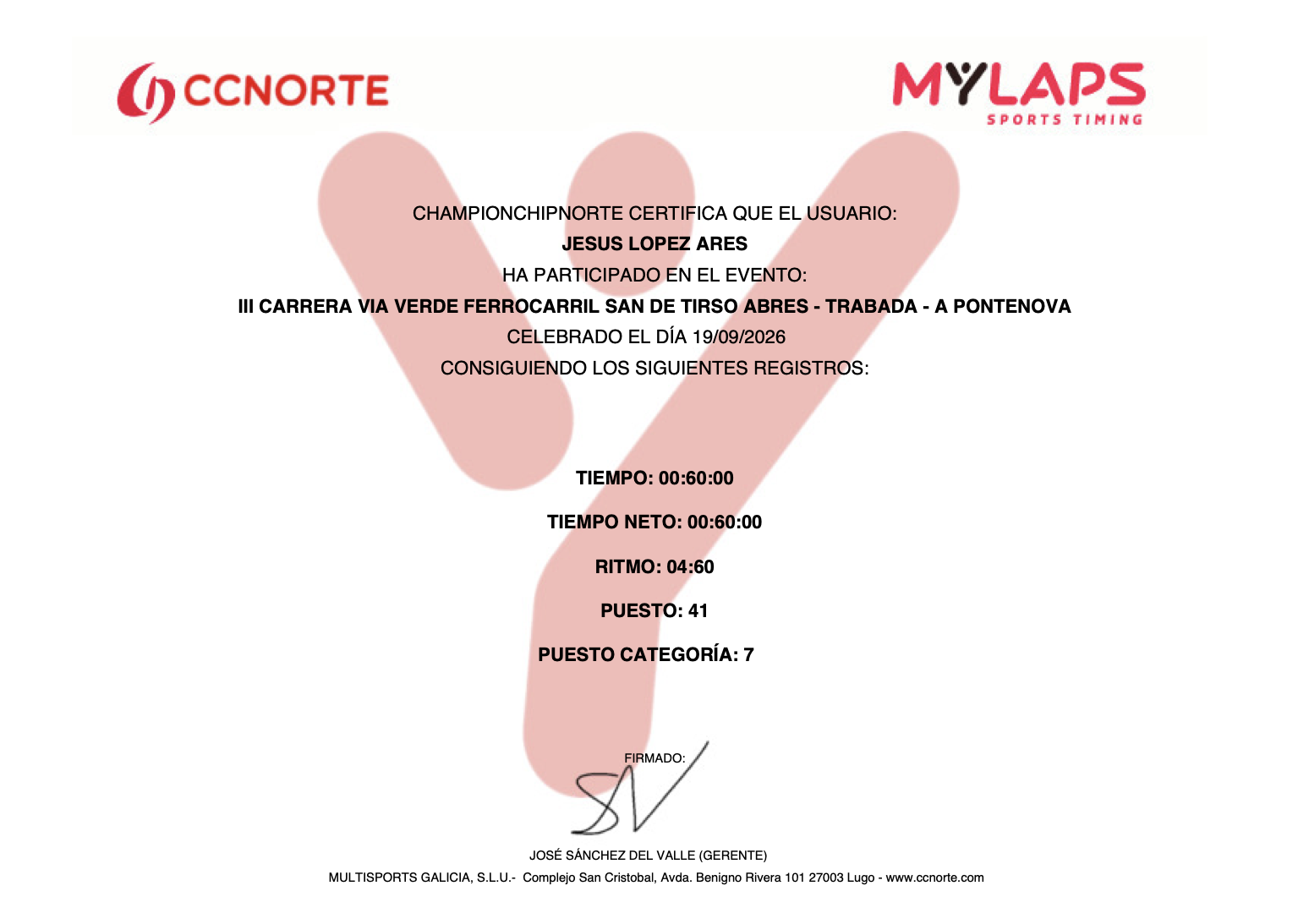 Diploma oficial con el resultado de 1:00:00