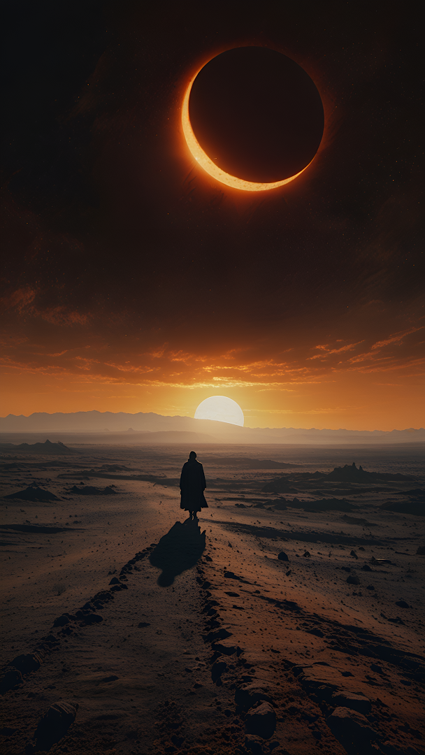 Silhouette Walking Toward Eclipse in Desert Landscape