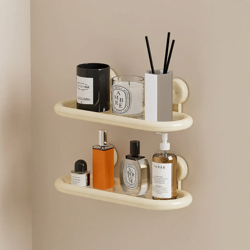 Bathroom wall shelf with suction cup, drainable