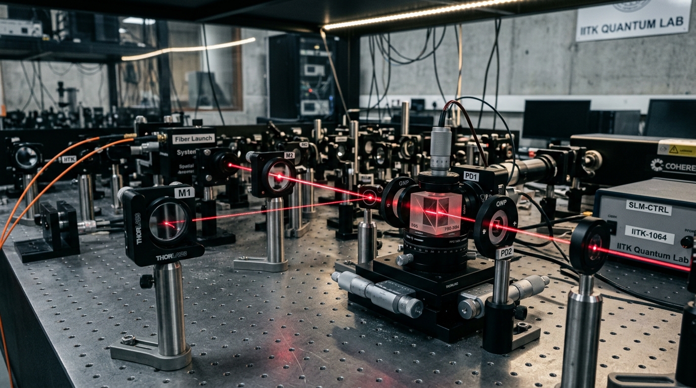 Precision optical table configured with beam-steering mirrors, polarizing beamsplitters, and spatial filter mounts in the Quantum Measurement Lab.