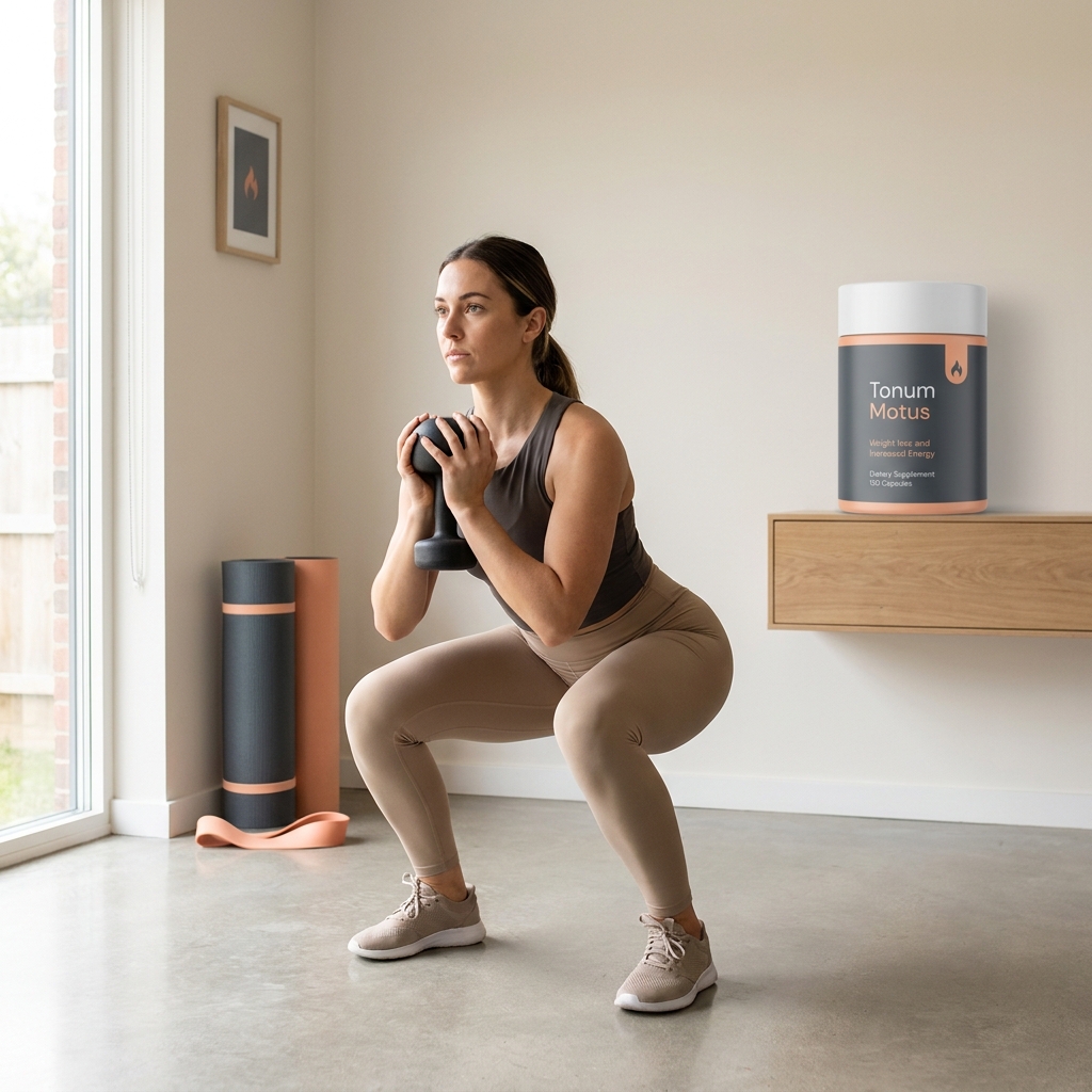 Woman performing a controlled goblet squat in a bright minimalist home gym with a Tonum Motus supplement container on a shelf emphasizing post menopause weight loss and proper exercise form