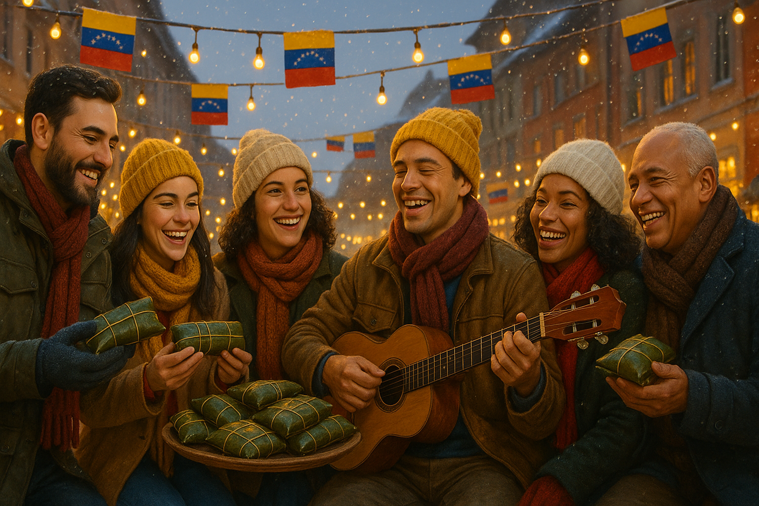 Venezolanos en el exterior compartiendo hallacas y música en una plaza invernal