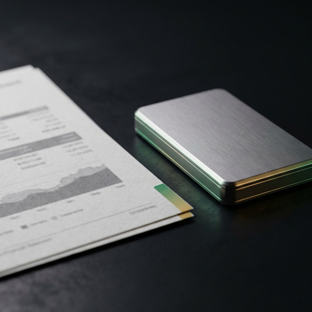 Close up of a hardware crypto wallet beside a blurred paper statement on a dark matte table with green and gold Finance Police accents showing Fidelity vs Robinhood crypto