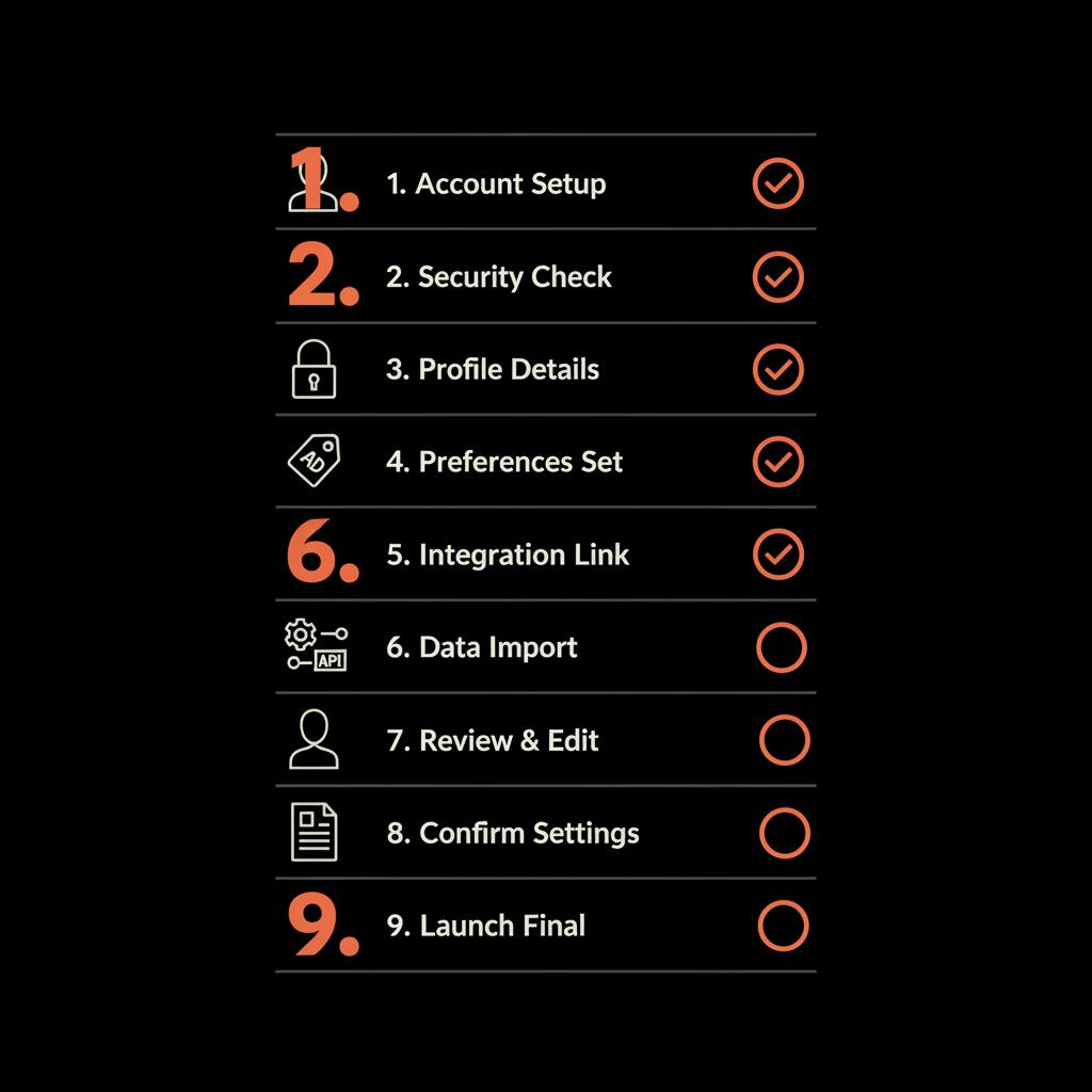 Minimal vertical infographic showing a 9-step checklist to remove phone number from Facebook with black background, light text #edf1e9 and orange highlights #dc5c2b