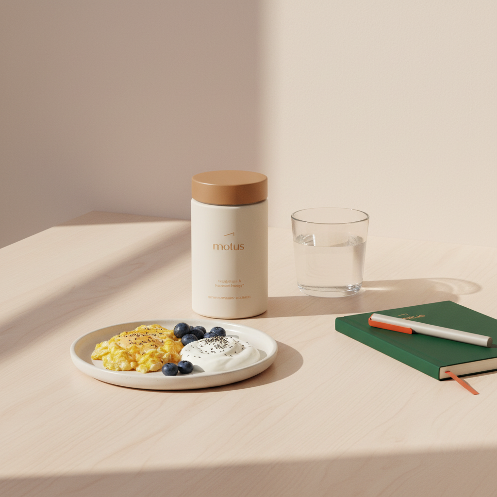 Motus supplement jar on a light wooden table beside a protein-rich breakfast plate, notebook and glass of water in a minimalist Tonum setting, phentermine