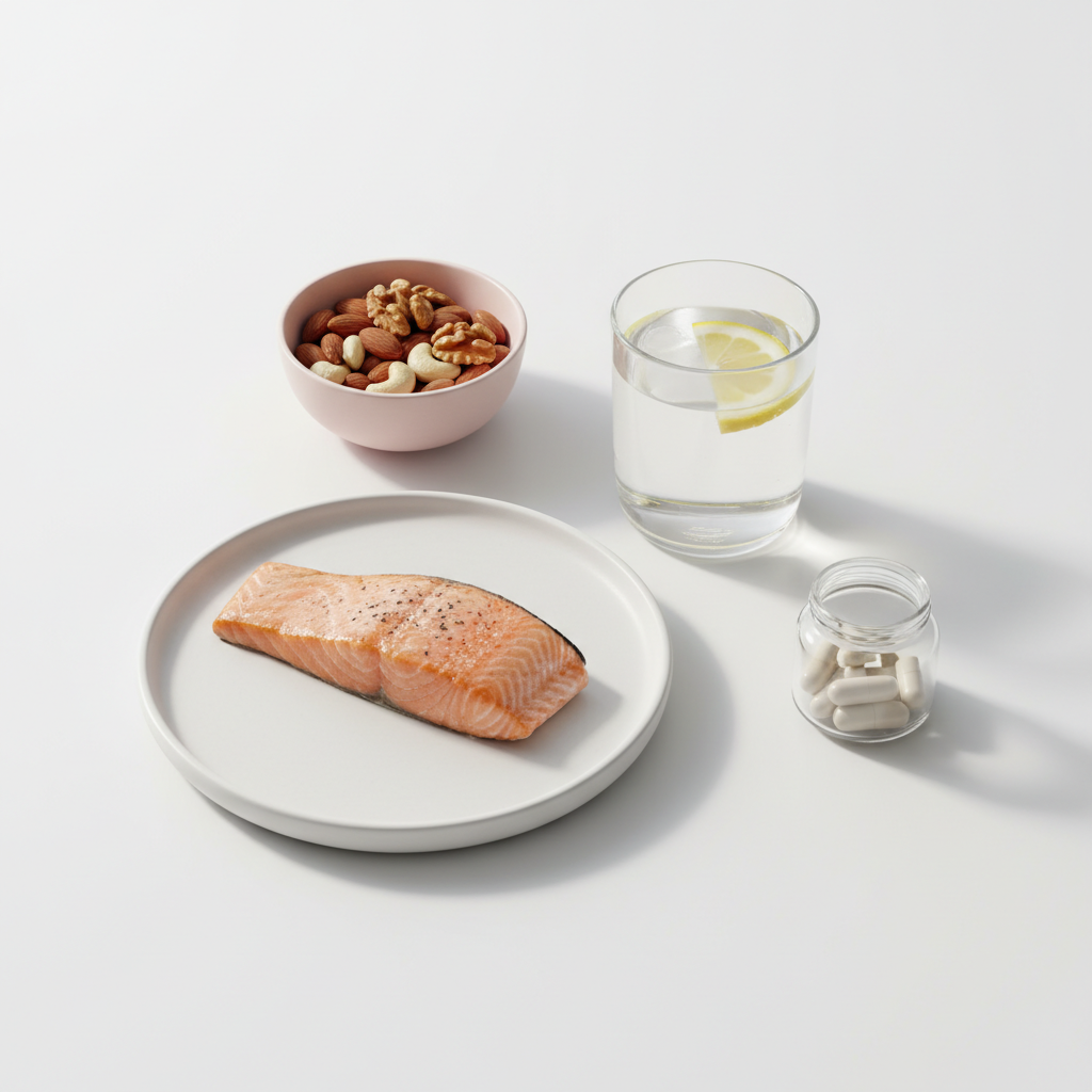 Minimalistischer Schreibtisch mit Lachsfilet, Nüssen, Glas Zitronenwasser und offenem Vitamin-Glas – Bild für brüchiges Haar Prävention