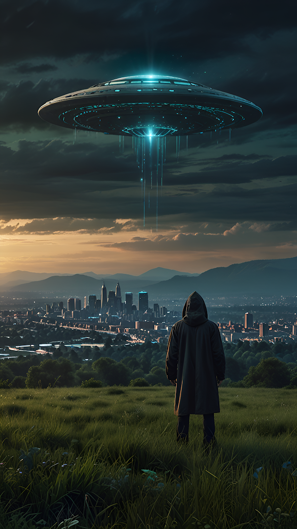 Hooded Figure Watching UFO Hover Over City at Dusk