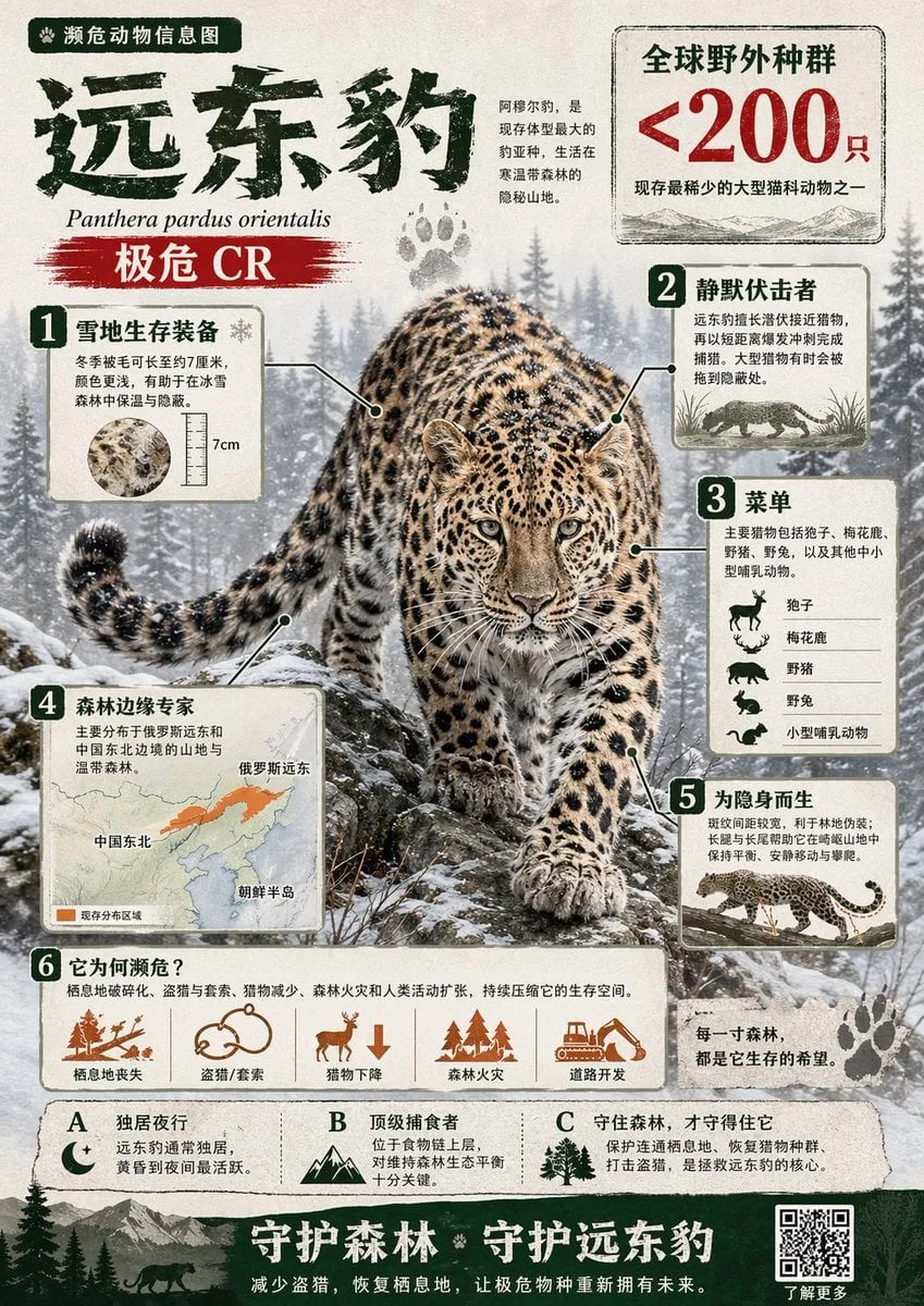 Crea una infografía visualmente atractiva en chino sobre un animal en peligro de extinción.