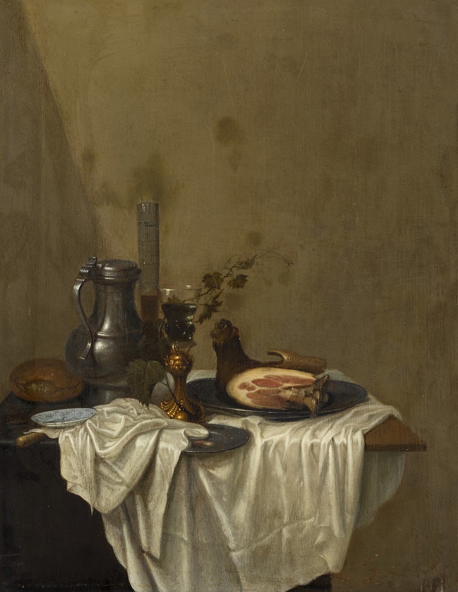 Still life with a pewter jug roemers and a leg of ham together on a table draped