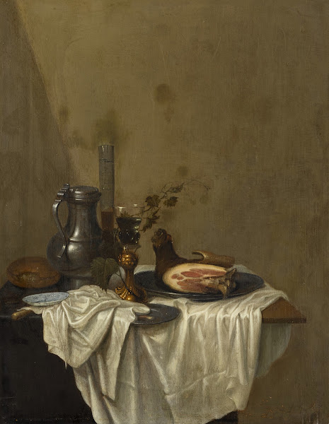 Still life with a pewter jug roemers and a leg of ham together on a table draped