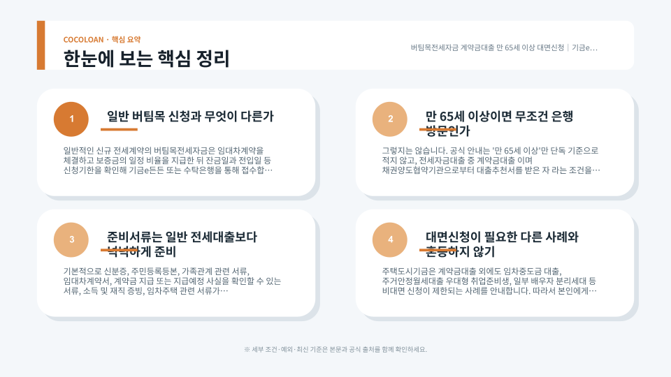 만 65세 이상 버팀목전세자금 계약금대출의 대면신청 조건과 준비 흐름을 설명하는 이미지
