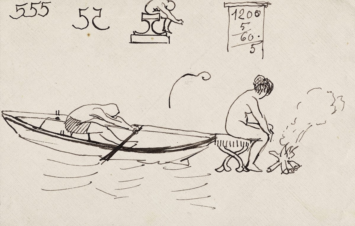 Rameur dans une barque et femme assise près dun feu de bois