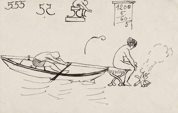 Rameur dans une barque et femme assise près dun feu de bois