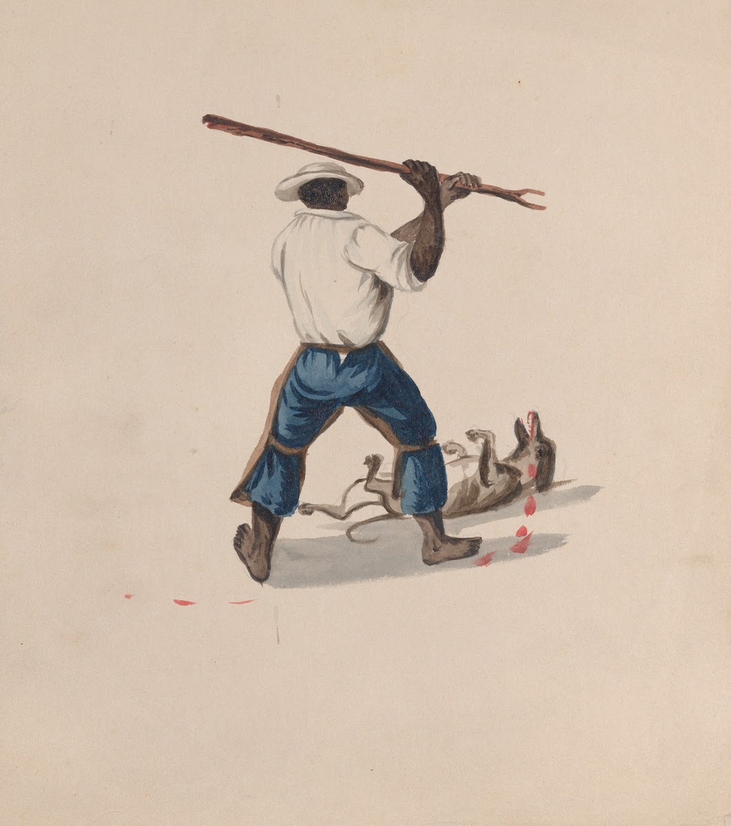 A man viewed from behind beating a dog with a stick ca 1848