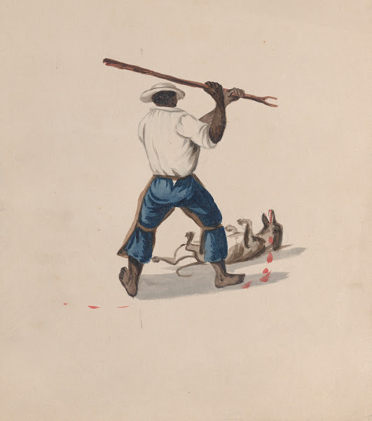 A man viewed from behind beating a dog with a stick ca 1848