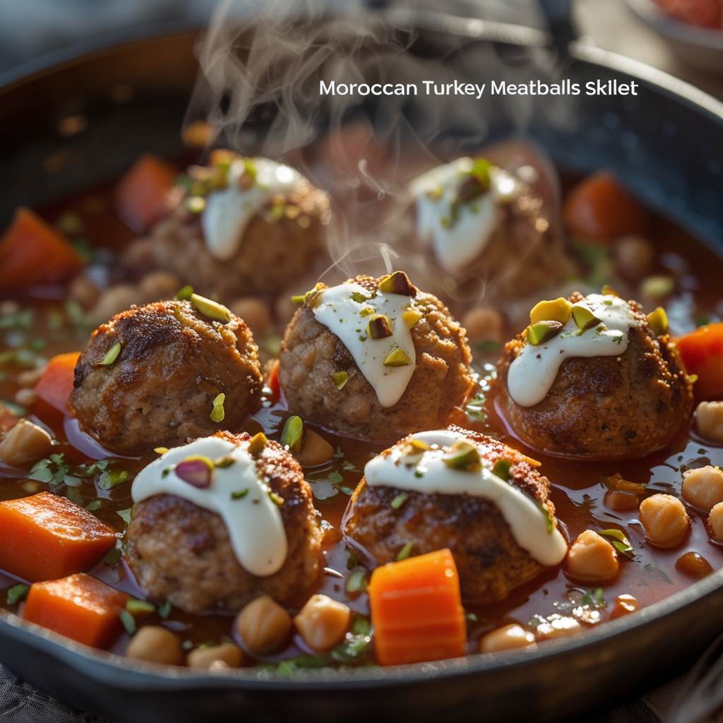 Spiced Moroccan Turkey Meatballs with Harissa Yogurt & Chickpea Skillet