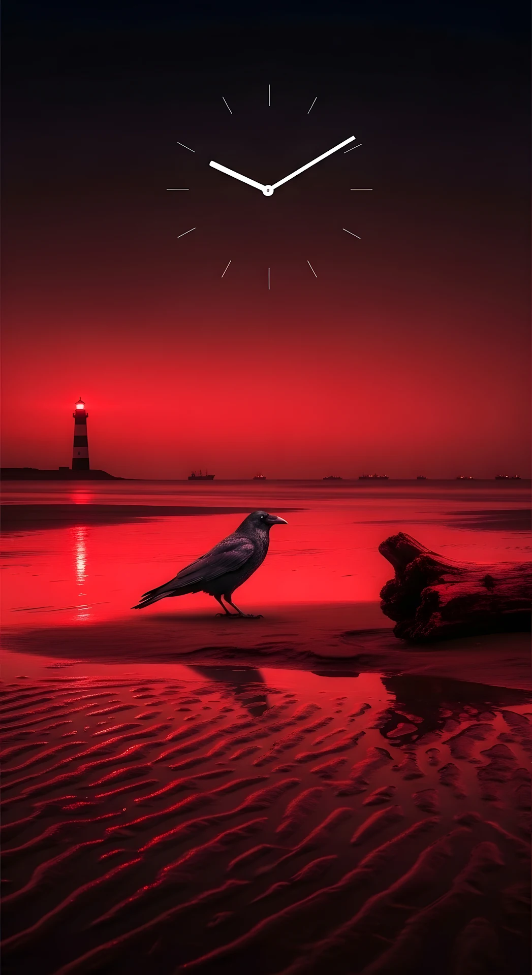 Gothic Crimson Midnight Beach with Solitary Crow - Free 4K mobile Wallpaper