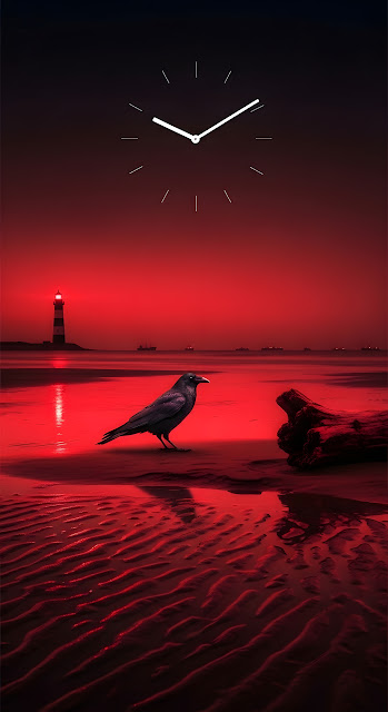Gothic Crimson Midnight Beach with Solitary Crow - Free mobile Wallpaper