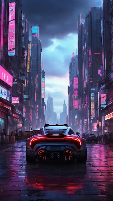 Neon Cyberpunk Cityscape Drive Futuristic Sports Car - Free mobile Wallpaper
