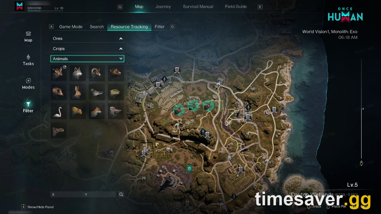 Once Human world map with the resource-tracking animal filter showing where wild animals can be found