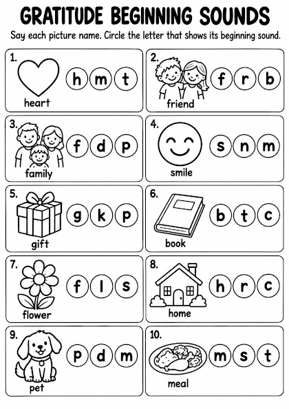 Gratitude Beginning Sounds Worksheet