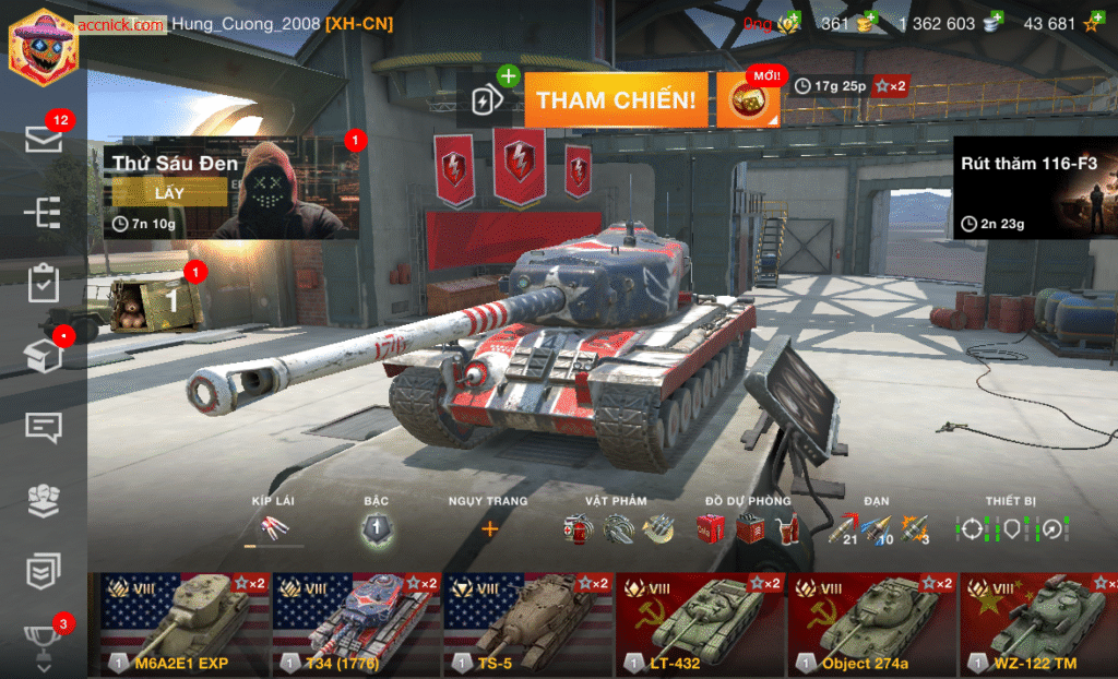 Bán acc wot blitz khủng 22 xe có sẵn, 8 tank cấp 10 như: FV...