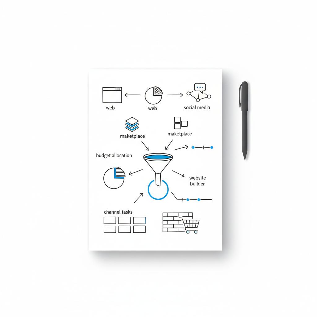 Overhead 2D vector planner spread showing web, marketplace and social channel icons with arrows for multichannel flow; ink sketches with #1a5bfb accents on white &mdash; website builder for selling