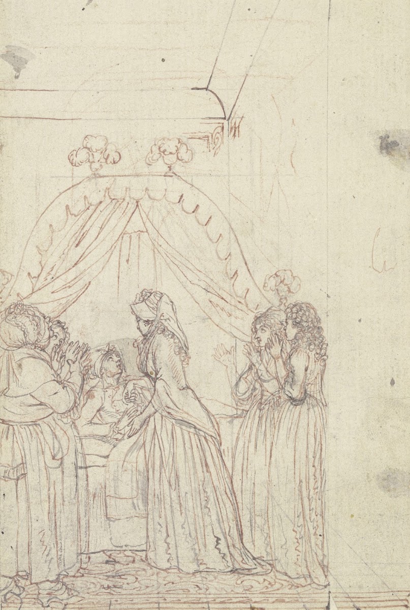 Lovelace liegt im Hintergrund des Zimmers auf einem Himmelbett ca 1796