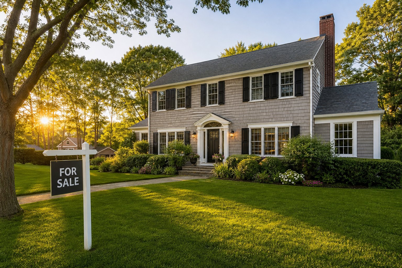 Beautiful Long Island home for sale in summer with lush green lawn and colonial architecture