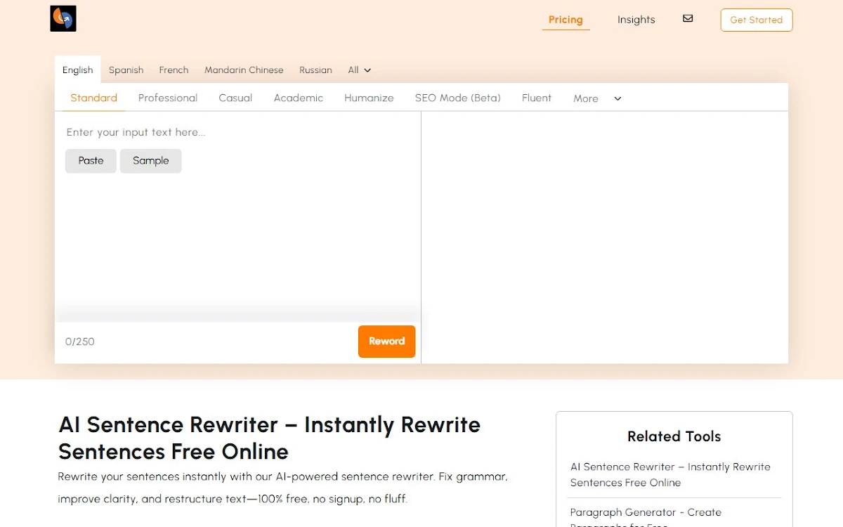 Captura de AI Sentence Rewriter