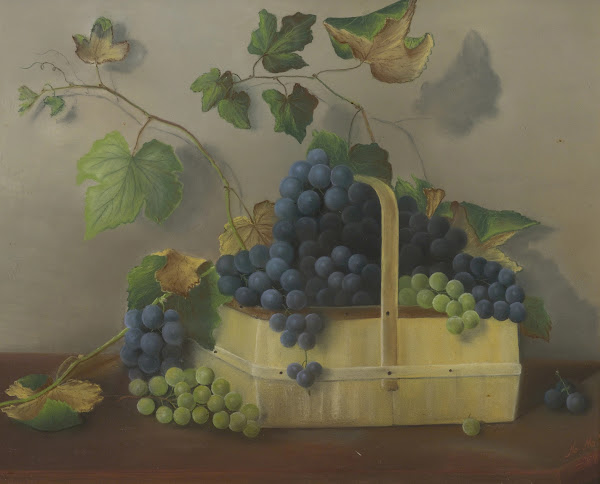 Basket of Grapes with Leafy Vines 1889