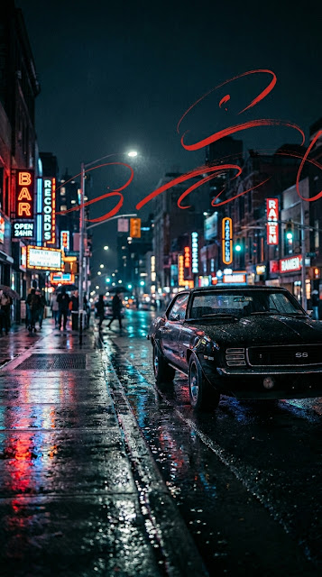Black Vintage Muscle Car in Rainy City Street at Night - Free mobile Wallpaper