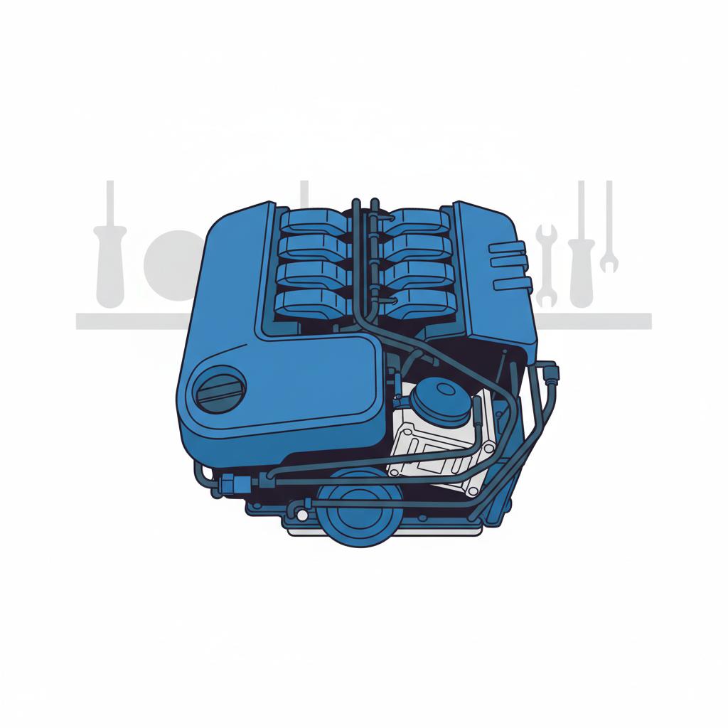 bmw m4 for sale 2d vector close up of an inline six S58 engine cover in a minimalist engine bay with white background and blue accents