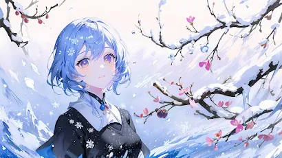 Blue Hair, Plum Blossom, Anime Girls, Branch, Looking At Viewer 4K Wallpaper Background