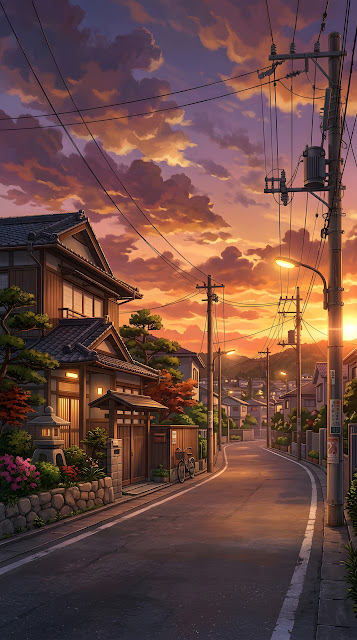 Anime-Style Illustration of a Japanese Street During a Vibrant Sunset - Free mobile Wallpaper