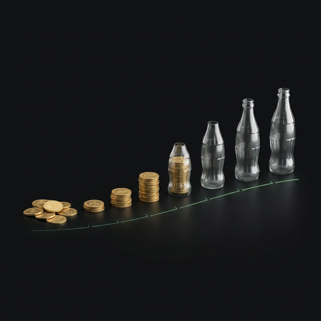 Close up infographic of coins morphing into Coca Cola bottles along an upward timeline on dark background using Finance Police green and gold accents depicting Coca Cola stock 20-year return