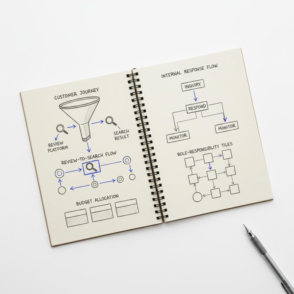 Top-down notebook sketch of funnels, arrows linking review platforms and search results, and budget boxes illustrating reputation management cost, minimal white background, charcoal and blue accents.