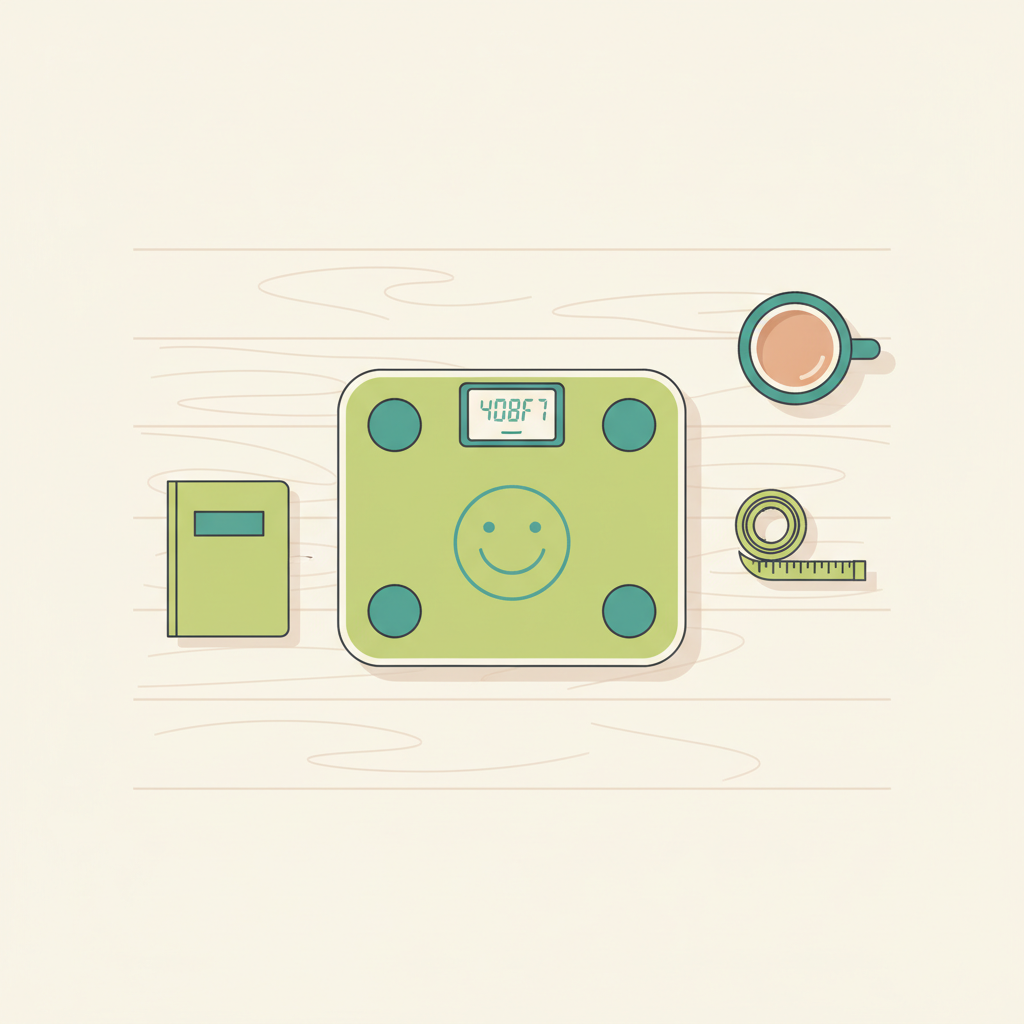 Vektor-Waage mit Smiley-Display auf Holzboden, Maßband, Notizbuch und Tasse in Vegardians-Farben — was muss ich essen um fett zu verbrennen