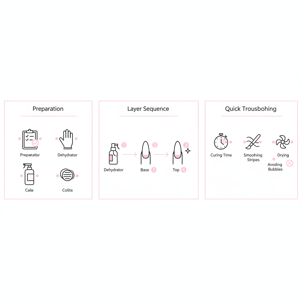 Minimalistische 2D-Vektorinfografik für GellyNails Starter Kit mit drei horizontalen Panels: Vorbereitung, Schichtfolge (Dehydrator → Base → Farbe → Top) und Troubleshooting-Icons.