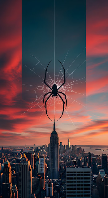 Epic Dark Spider Silhouette Over Skyscraper at Sunset Cityscape - Free mobile Wallpaper