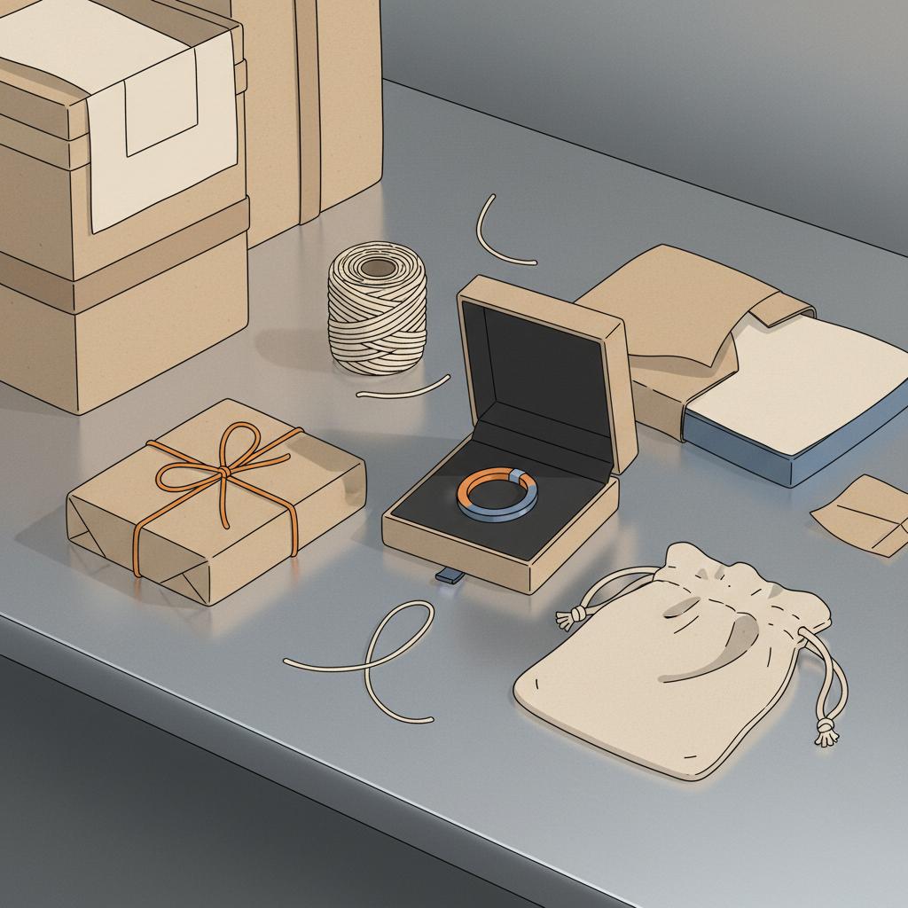 was schenkt man jemandem den man liebt – minimalistische 2D-Vektor-Szene mit Geschenkboxen, geöffnetem Anhänger und nachhaltiger Verpackung auf einem Tisch mit Metalldetails